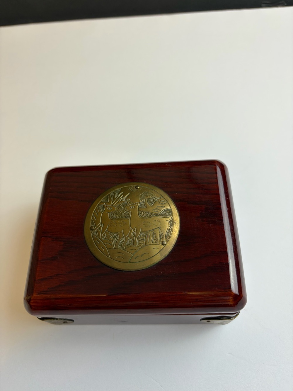 Vintage Japanese Lacquer Wood Brass Engraved Deers Art Trinket Jewelry Case Box